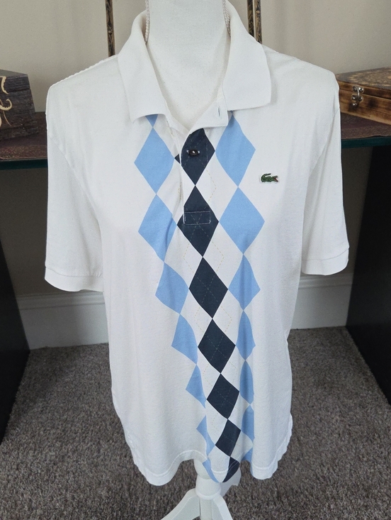 Lacoste Tops - Lacoste White Polo with Light Blue and Navy Argyle Front